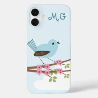 Cute Blue Bird in Blossom Tree Monogram