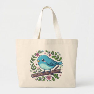 Cute Blue Bird Perched on a Blooming Branch Large Tote Bag