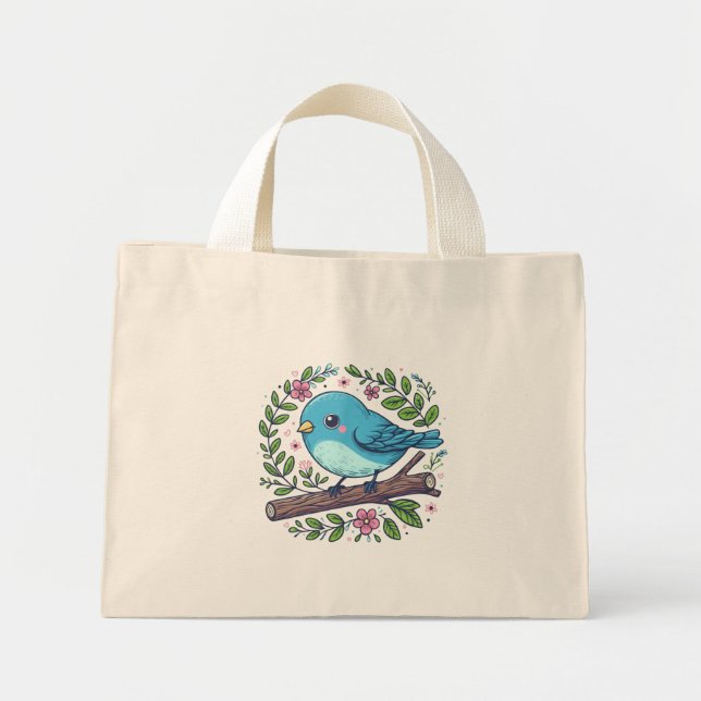 Cute Blue Bird Perched on a Blooming Branch Mini Tote Bag (Front)