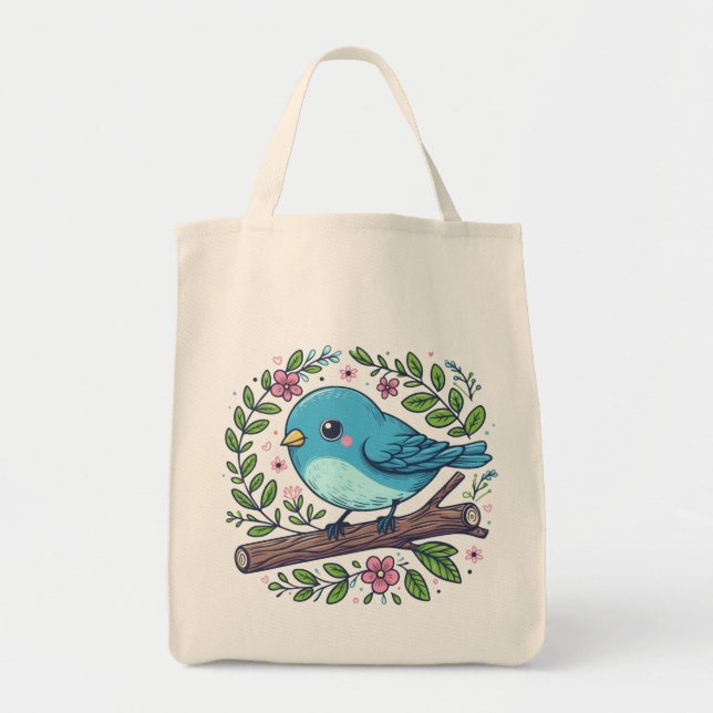 Cute Blue Bird Perched on a Blooming Branch Tote Bag (Front)