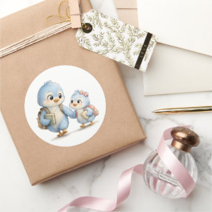Cute Blue Bird Siblings Circle Sticker