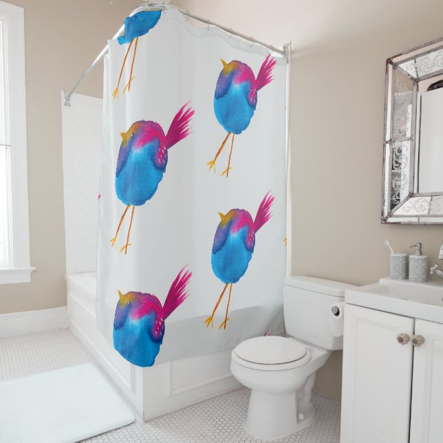 Cute blue bird watercolor shower curtain (In Situ)