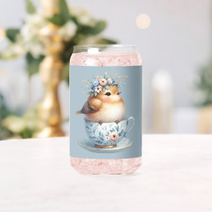 Cute Blue Bird with Floral Crown in Teacup Can Glass