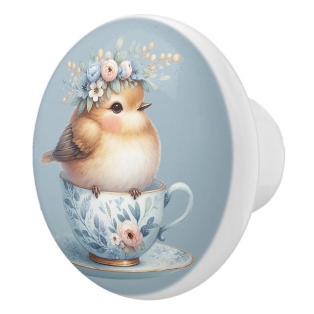 Cute Blue Bird with Floral Crown in Teacup Ceramic Knob (Right)