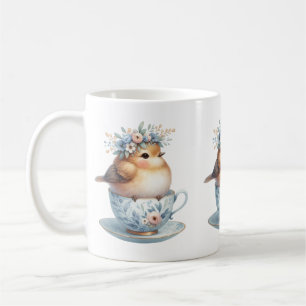 Cute Blue Bird with Floral Crown in Teacup Coffee Mug