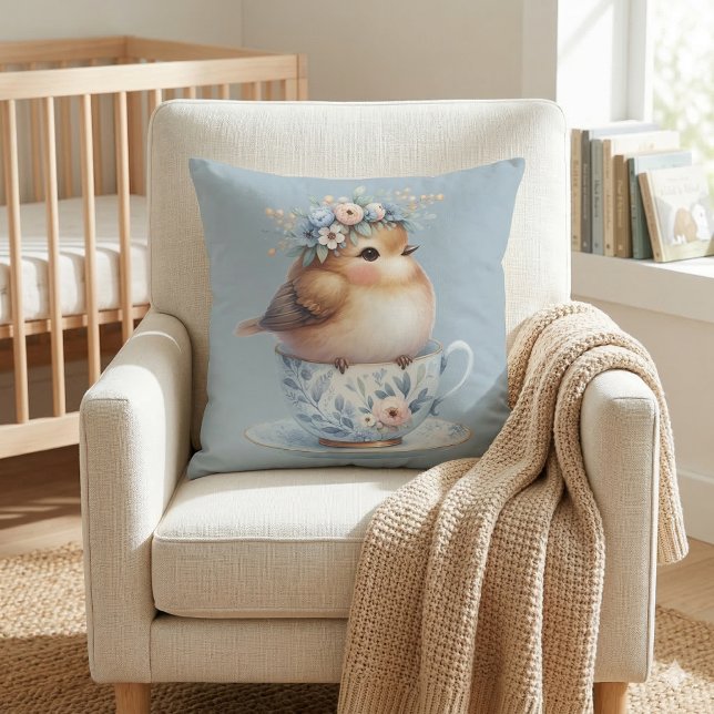 Cute Blue Bird with Floral Crown in Teacup Cushion (Cute Blue Bird with Floral Crown in Teacup Throw Pillow Mockup A)