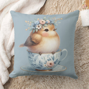 Cute Blue Bird with Floral Crown in Teacup Cushion