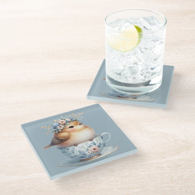 Cute Blue Bird with Floral Crown in Teacup Glass Coaster (Angled)