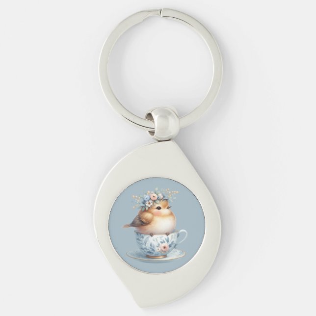 Cute Blue Bird with Floral Crown in Teacup Key Ring (Front)