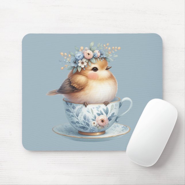 Cute Blue Bird with Floral Crown in Teacup Mouse Pad (With Mouse)