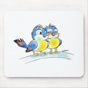 Cute Blue Birds Coloured Pencil Art Mouse Pad