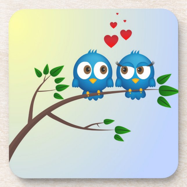Cute blue birds in love cartoon coaster (Front)