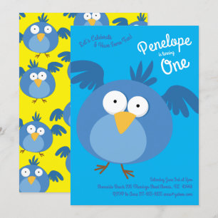 Cute Blue Birds Kids 1st Birthday Party Invitation