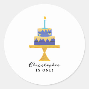 Cute Blue Birthday Cake Personalised Name  Classic Round Sticker