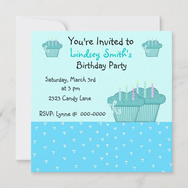 Cute Blue Birthday Cupcakes Invitation (Front)