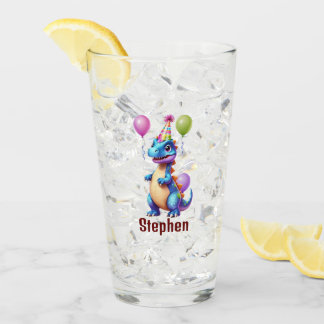 Cute blue birthday dinosaur glass