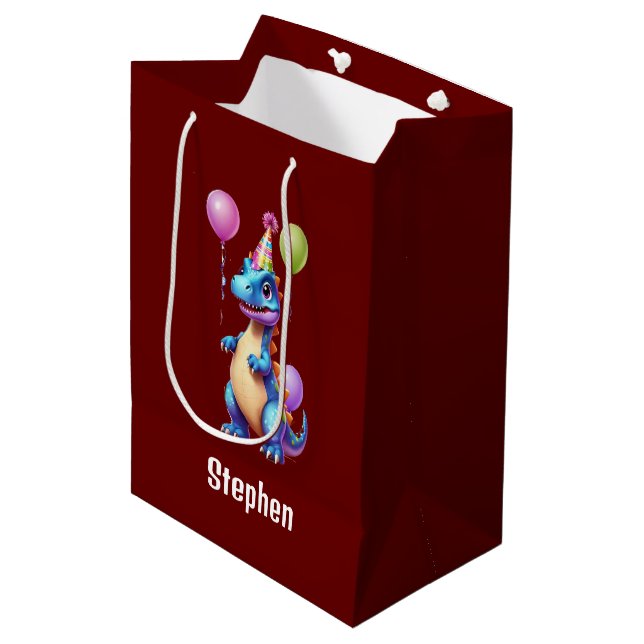 Cute blue birthday dinosaur medium gift bag (Front Angled)