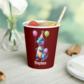 Cute blue birthday dinosaur paper cups