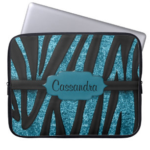 Cute Blue Black Glittery Zebra Striped Print Laptop Sleeve