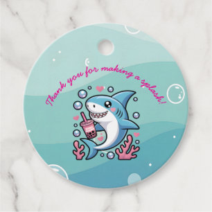 Cute Blue Boba Shark Hearts Baby Shower Favour Tags