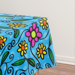 Cute Blue Boho Daisy Drawing  Tablecloth