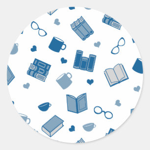Cute Blue Book and Reading Pattern Classic Round Sticker