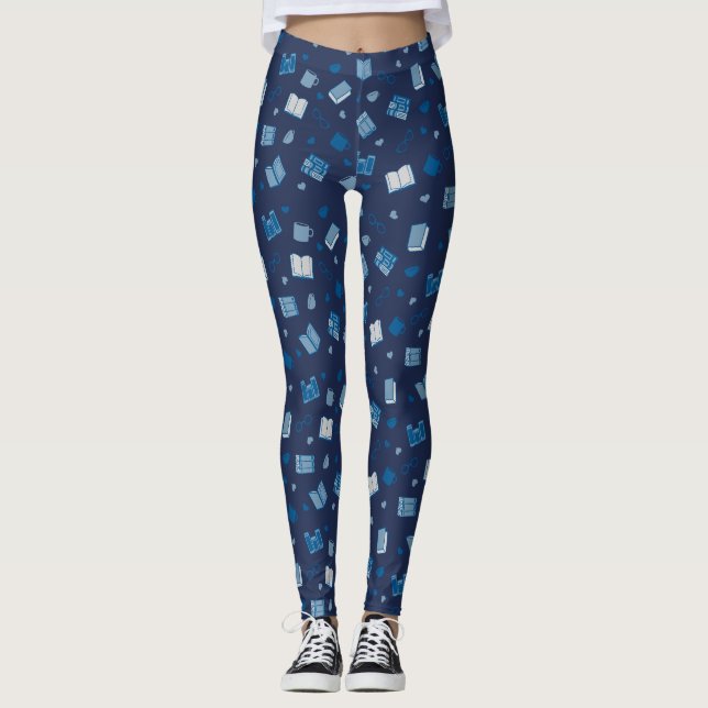 Cute Blue Book and Reading Pattern Leggings (Front)