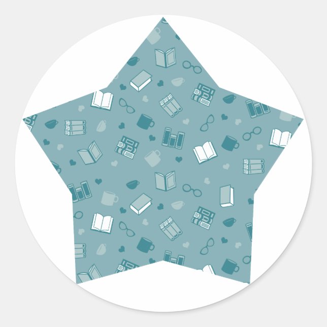 Cute Blue Book and Reading Pattern on star Classic Round Sticker (Front)