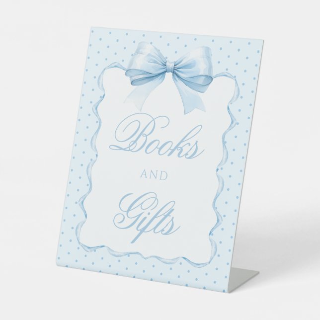 Cute blue bow baby boy shower Books and Gifts sign (Front)