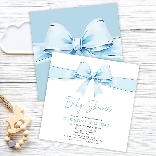 Cute Blue Bow Boy Baby Shower Invitation (Creator Uploaded)