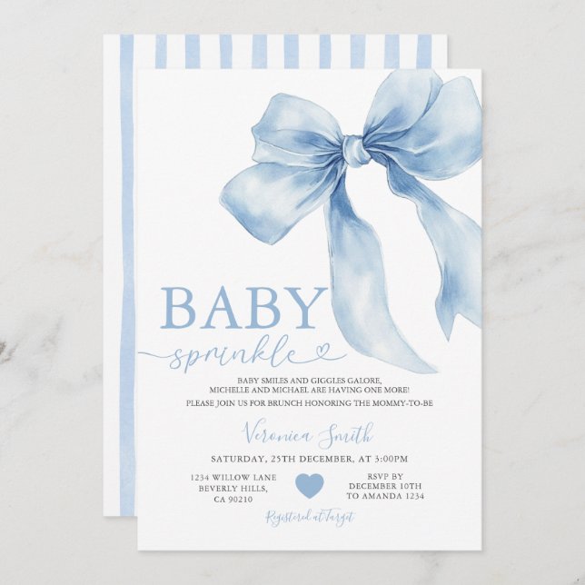 Cute Blue Bow Coquette Baby Sprinkle Baby Shower Invitation (Front/Back)