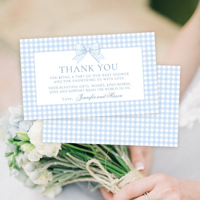 Cute blue bow gingham baby boy shower thank you enclosure card (Creator Uploaded)