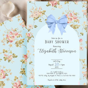 Cute Blue Bow Girly Floral Roses Baby Shower Invitation