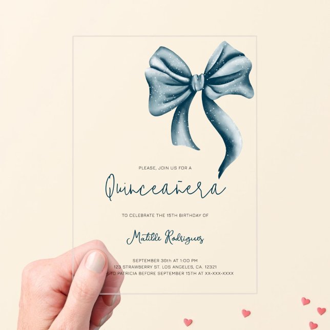 Cute Blue Bow Girly Quinceanera Birthday Acrylic Invitations (Creator Uploaded)