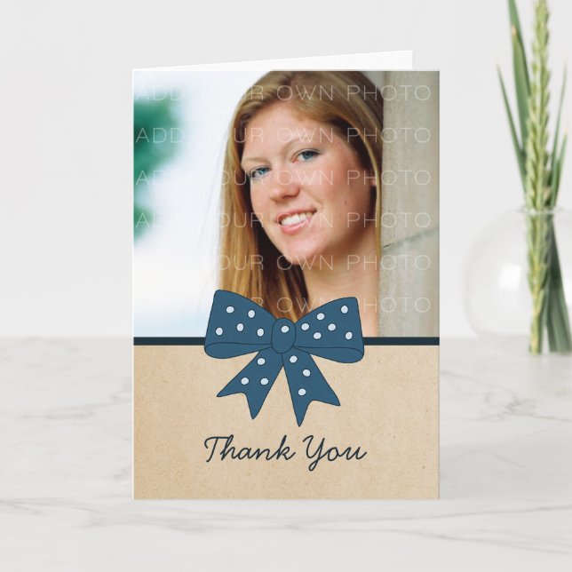 Cute Blue Bow Graduation Thank You Card (Front)