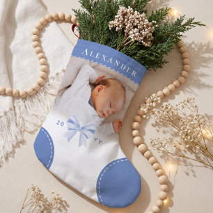 Cute Blue Bow Name & Photo Baby First Christmas Small Christmas Stocking