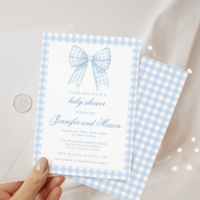 Cute blue bow ribbon baby boy shower invitation (Creator Uploaded)