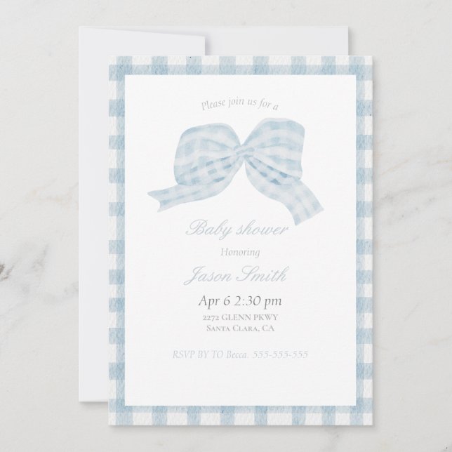 Cute blue bow ribbon baby shower invitation (Front)