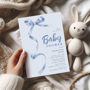 Cute Blue Bow Ribbon Boy Baby Shower Invitation