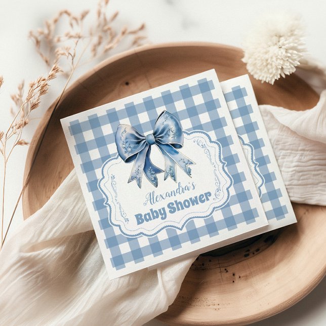 Cute Blue Bow Ribbon Gingham Baby Shower Napkin (Creator Uploaded)
