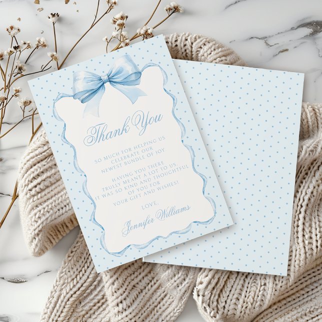 Cute blue bow ribbon polkadot baby boy shower thank you card (Creator Uploaded)