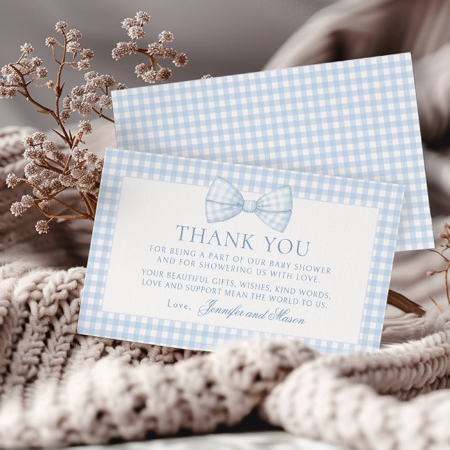 Cute blue bow tie gingham baby shower thank you enclosure card (Creator Uploaded)