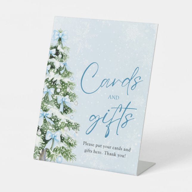 Cute Blue Bows Christmas Tree Cards and Gifts Sign (Front)