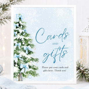 Cute Blue Bows Christmas Tree Cards and Gifts Sign