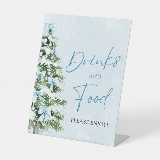 Cute Blue Bows Christmas Tree Food and Drinks Pedestal Sign (Front)