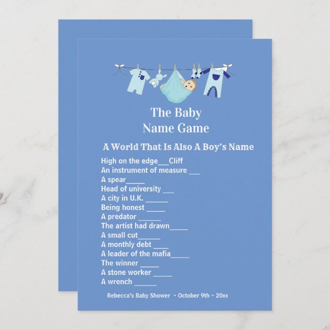 Cute Blue Boy Baby Shower Guessing Game Invitation (Front/Back)
