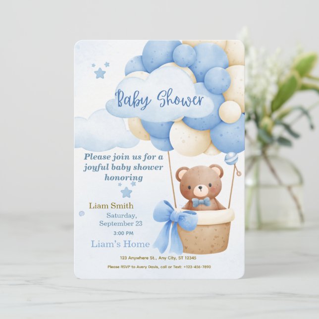 Cute Blue Boy Baby Shower Invitation (Standing Front)