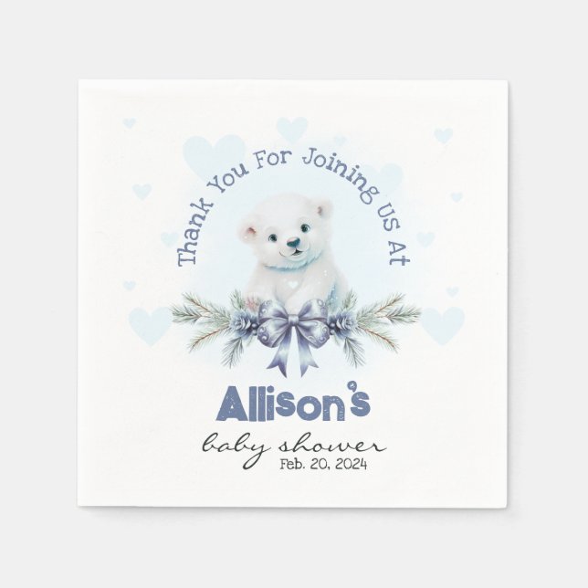 Cute Blue Boy Bear Cub Hearts Winter Baby Shower Napkin (Front)