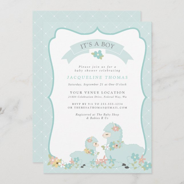 Cute Blue Boy Llama Baby Shower Invitation (Front/Back)