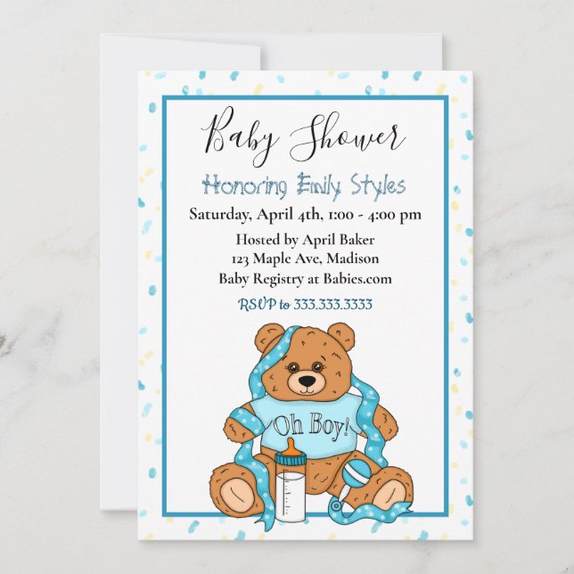 Cute Blue Boy’s Teddy Bear Baby Shower  Invitation (Front)